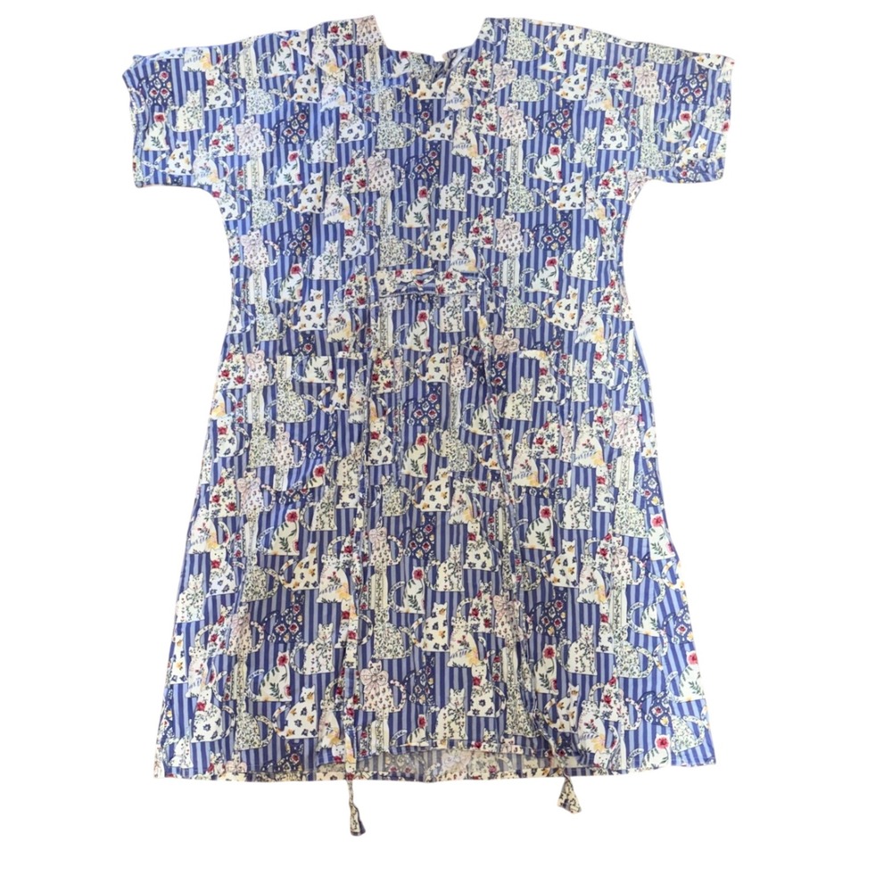 80s SCRUBS Cat Floral Print Striped Scrub Dress XL Blue Cotton Pockets USA Made